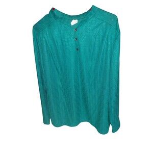 Vintage 1970's Teal Semi-Sheer Blouse Long Sleeve Polyester Size Vtg 40 Floral